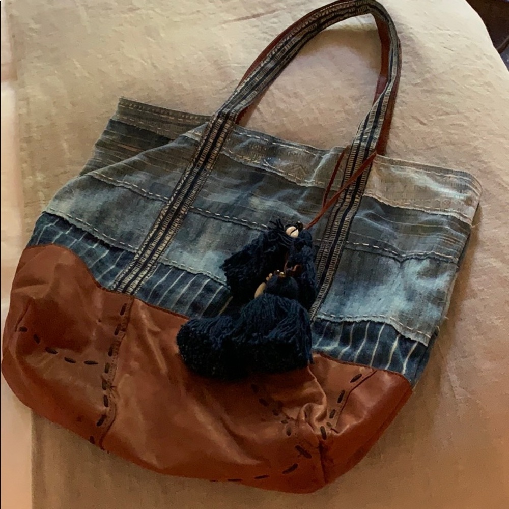 Sundance denim and leather tassel handbag